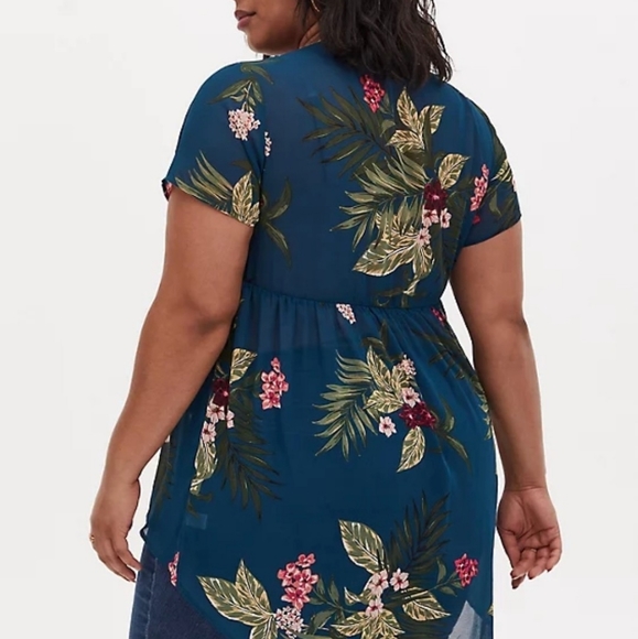 TEAL TROPICAL FLORAL CHIFFON HI-LO BABYDOLL TUNIC - Picture 4 of 5